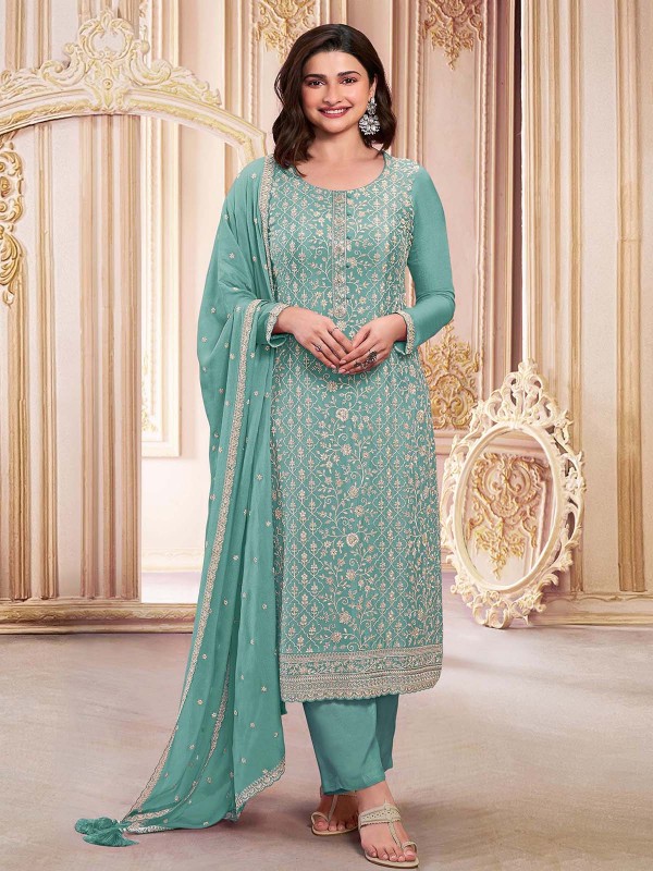 Aqua Blue Faux Georgette Designer Salwar Kameez